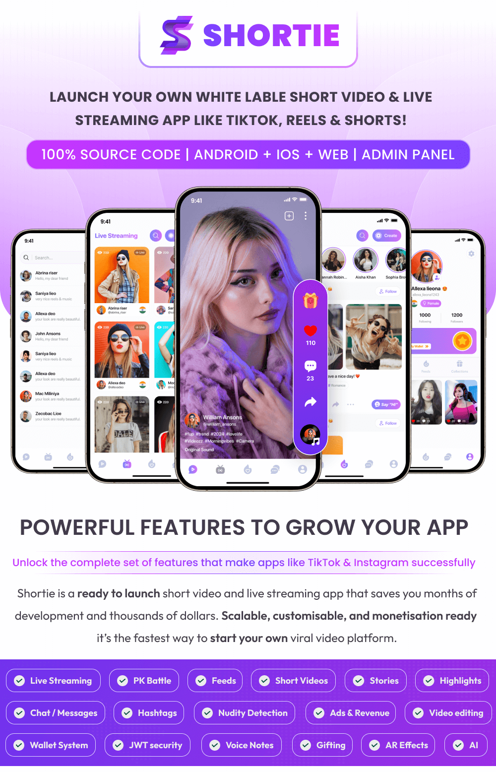 Shortie - Short video & Live streaming app with admin panel | Android, iOS & Web | Tiktok Clone